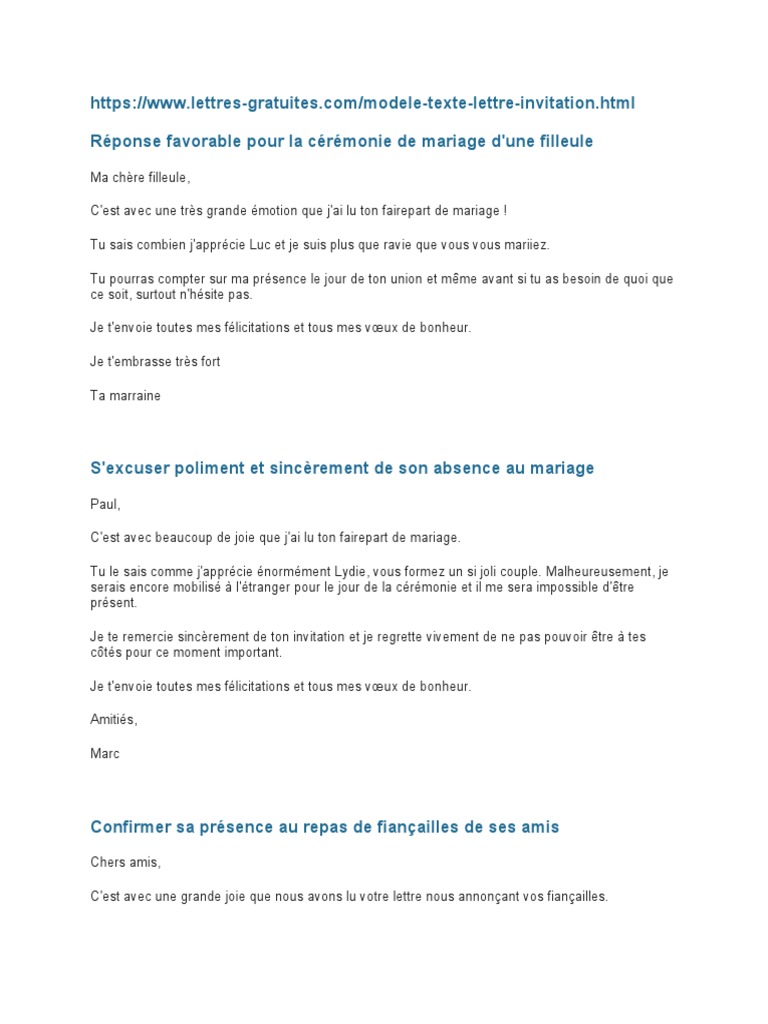 Lettre Dexcuse Pour Absence A Un Mariage Accepter Ou Refuser Une Invitation À Un Mariage | PDF | Mariage