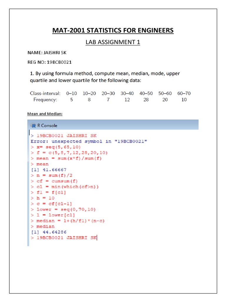 Mat-2001 Statistics For Engineers: Lab Assignment 1 | PDF