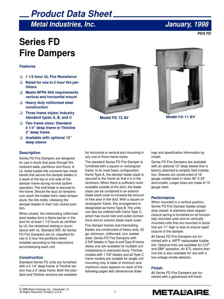 Series FD Fire Dampers Product Data Sheet PDF Duct (Flow) Fuse