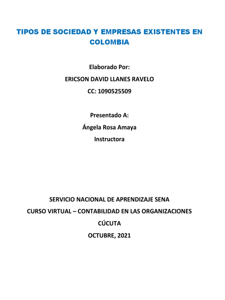 Tipos de Sociedad y Empresas Existentes en Colombia | PDF | Business ...