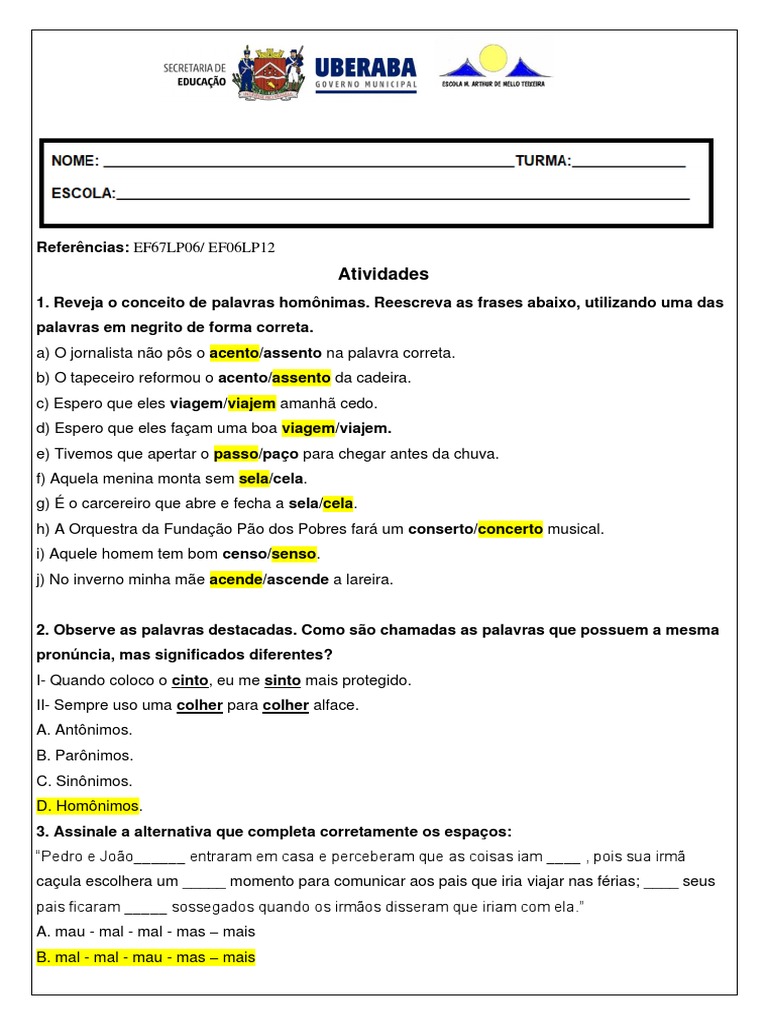 Atividades Homônimos e Parônimos GABARITO | PDF