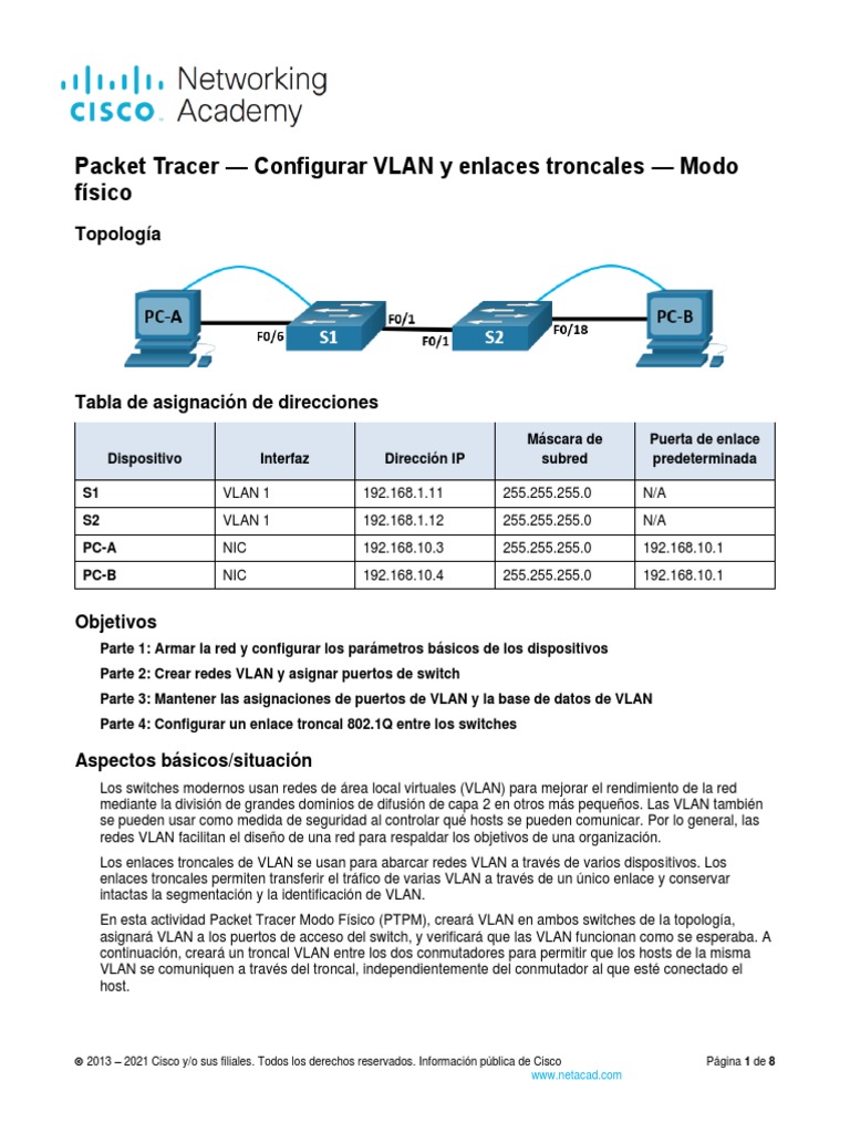 Packet Tracer — Configurar VLAN y enlaces troncales — Modo físico