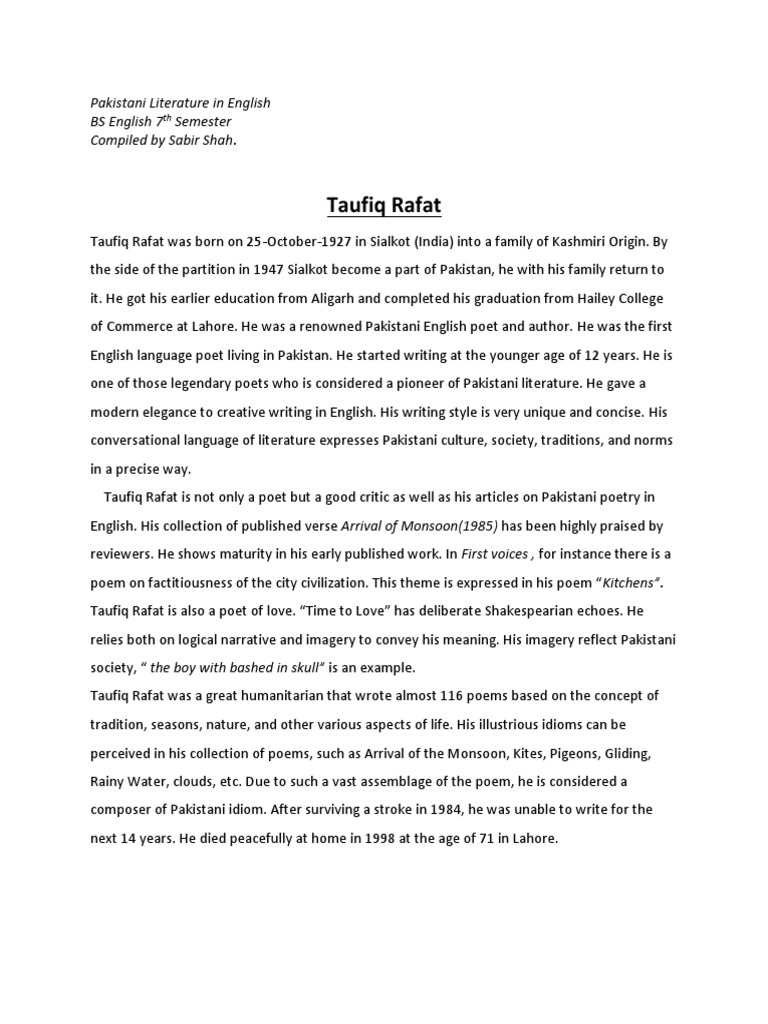 Taufiq Rafat's Monsoon Poetry Analysis | PDF | Poetry | Pakistan