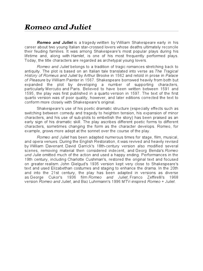 Romeo and Juliet: Romeo and Juliet Is A Tragedy Written by William ...