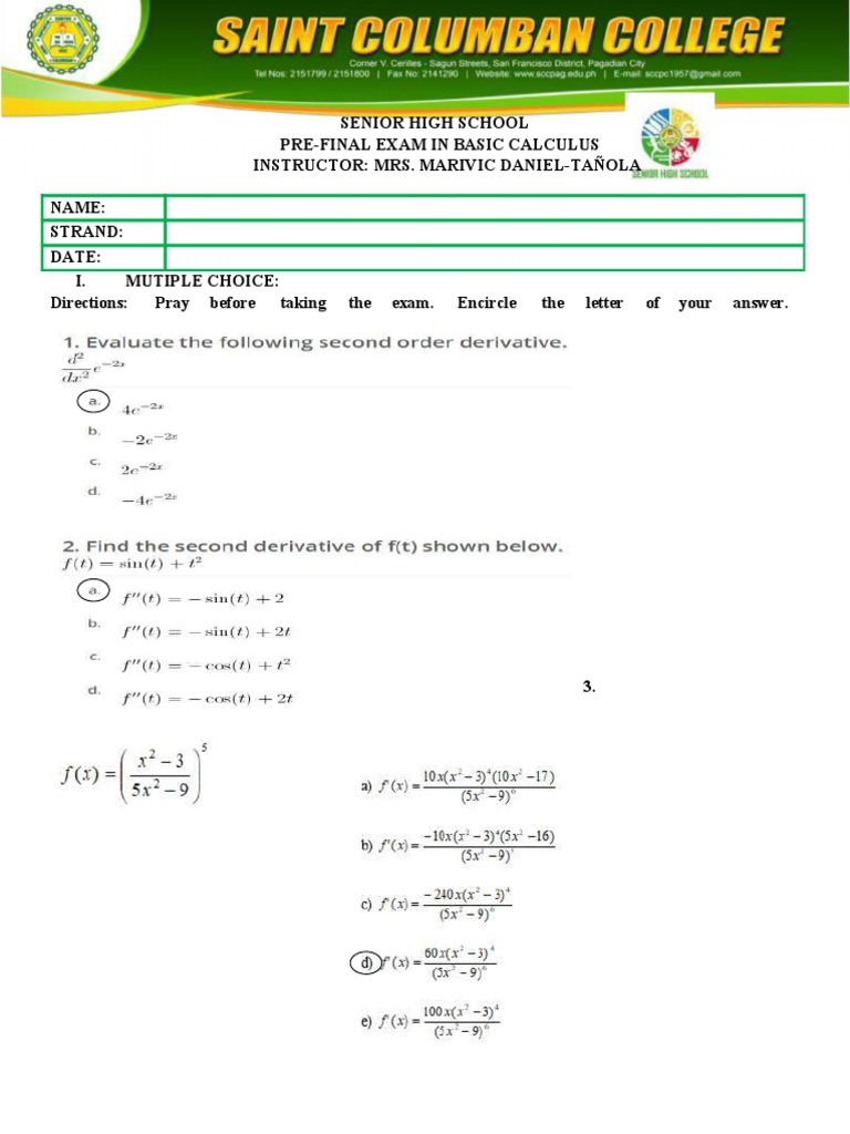 Prefinal Exam Basic Calculus | PDF