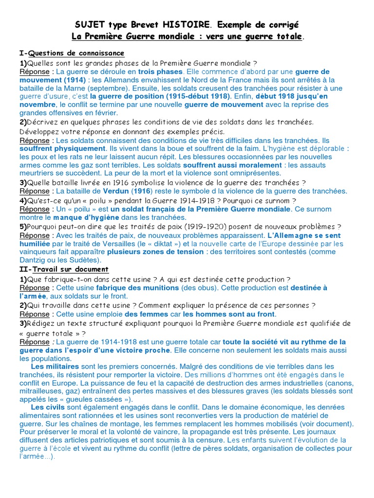 Brevet Blanc Histoire Première Guerre Mondiale Corrigé 1GM Corrigé | PDF | Première guerre mondiale | Guerre de tranchées