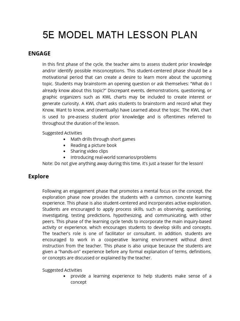 5E Model Math Lesson Plan Engage PDF Educational Assessment Learning