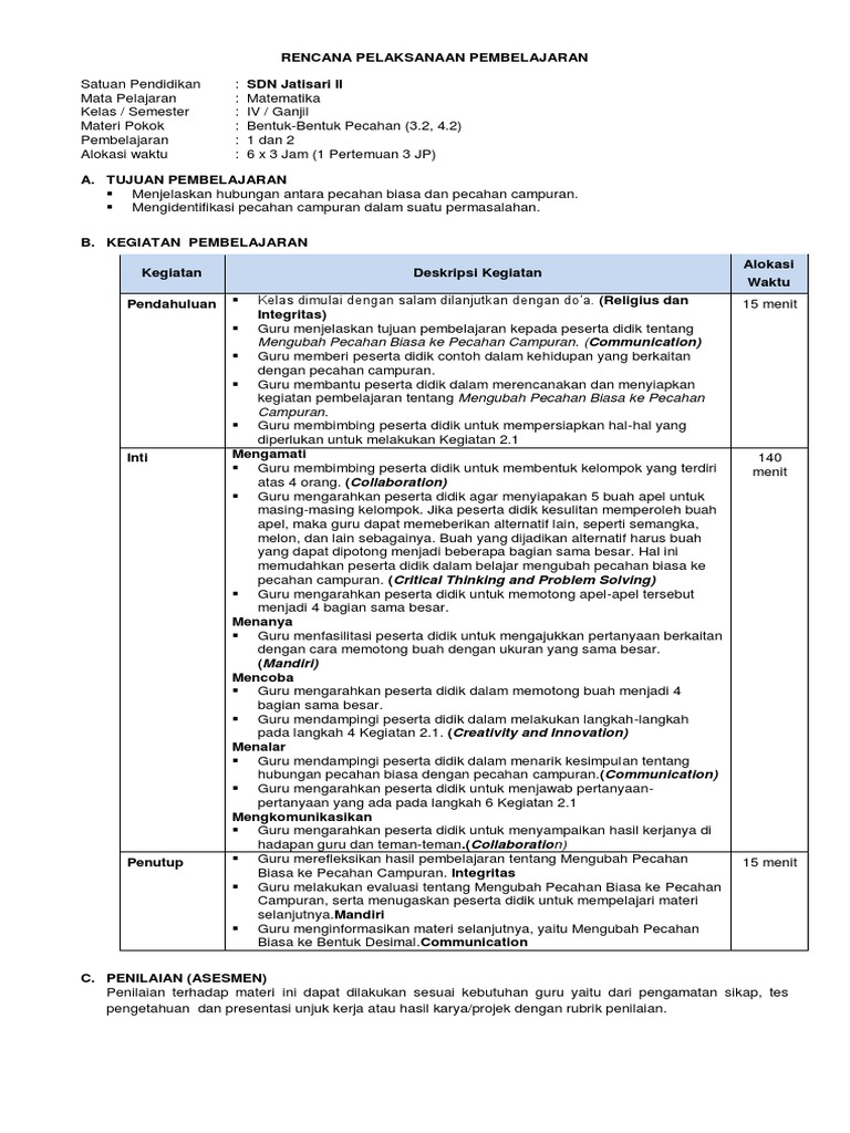 2 Rpp 1 Lembar Mtk Kelas 4 Bentuk Bentuk Pecahan S1 2122 Pdf