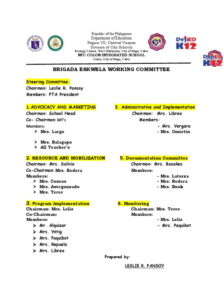 Brigada Eskwela Committee Overview | PDF | Language Arts & Discipline ...