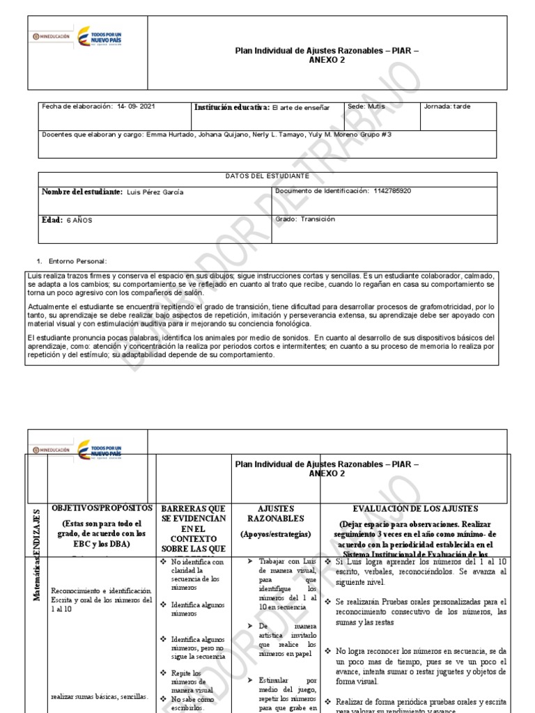 Plan Individual de Ajustes Razonables - PIAR Grupo 3 | PDF ...