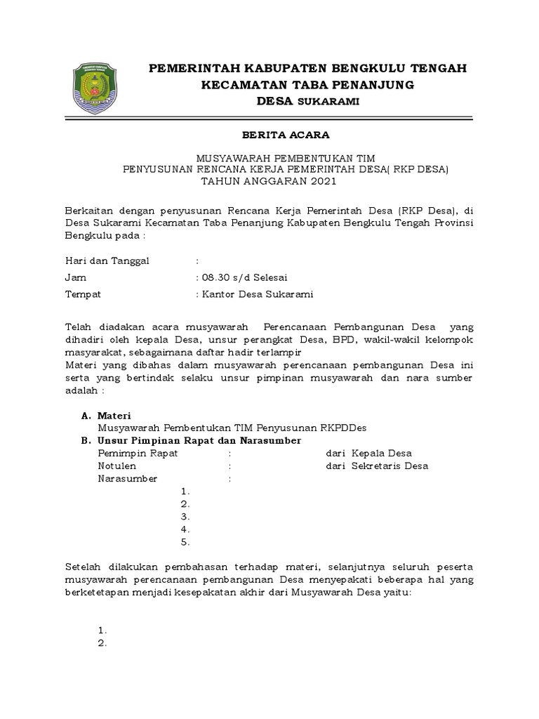 Notulen Musdes RKP Desa Sukarami 2021 | PDF