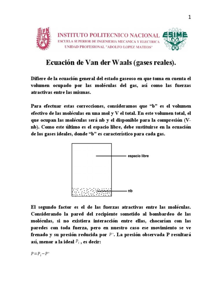 Ecuación de Van der Waals y constantes | PDF | Gases | Ciencias fisicas