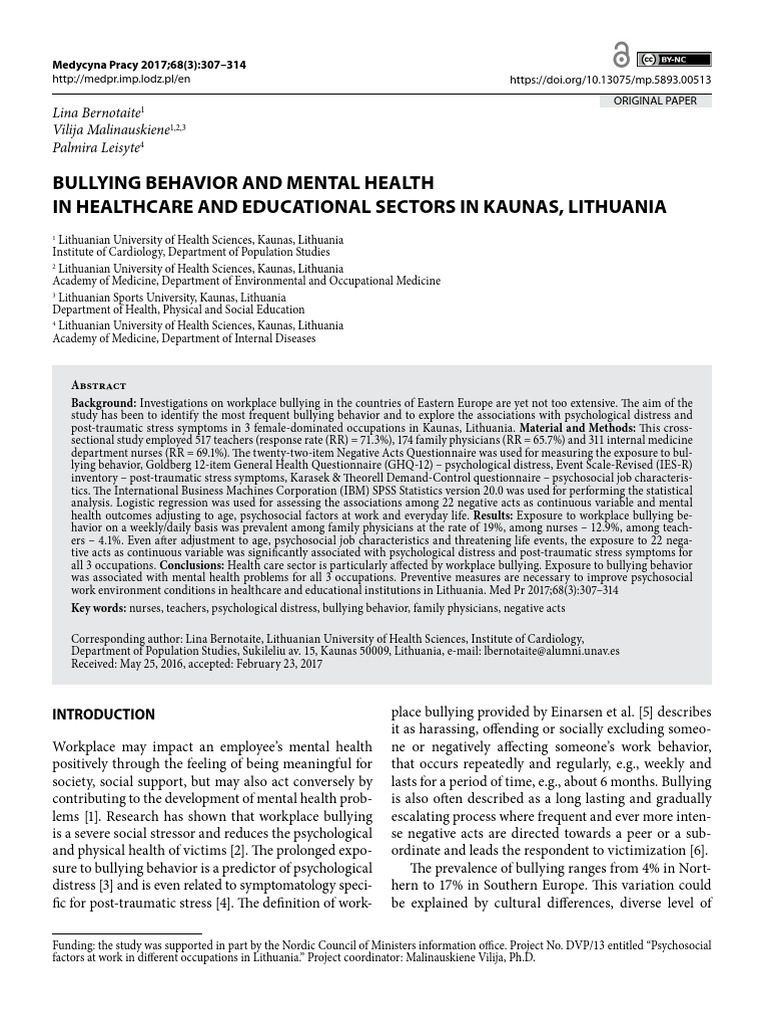 Bullying Behavior and Mental Health in Healthcare and Educational ...