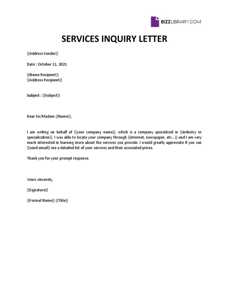 Services Inquiry Letter: Subject: ( (Subject) ) | PDF