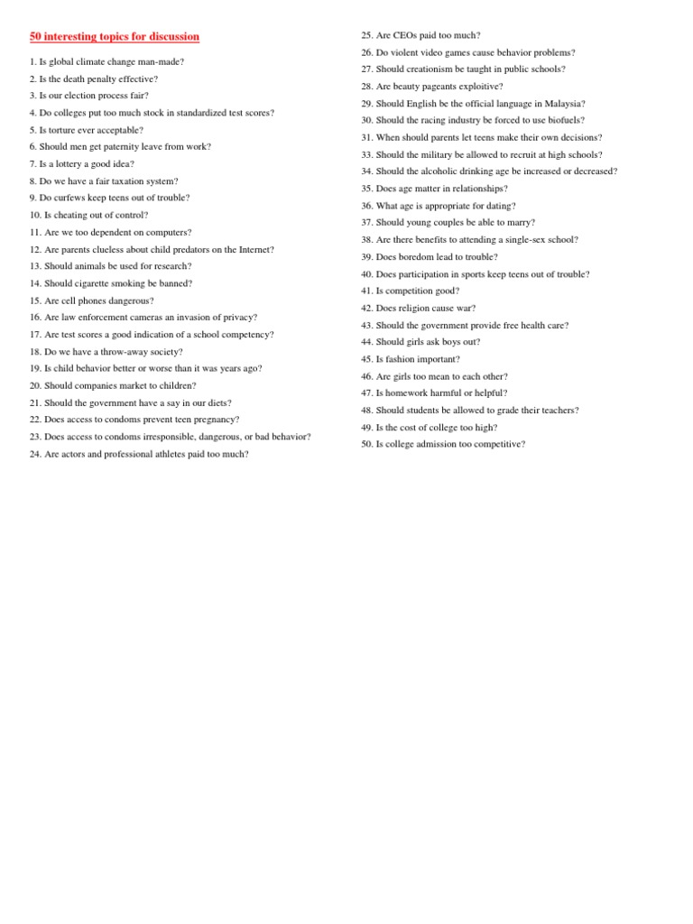 50 Interesting Topics For Discussion | PDF | Adolescence | Social