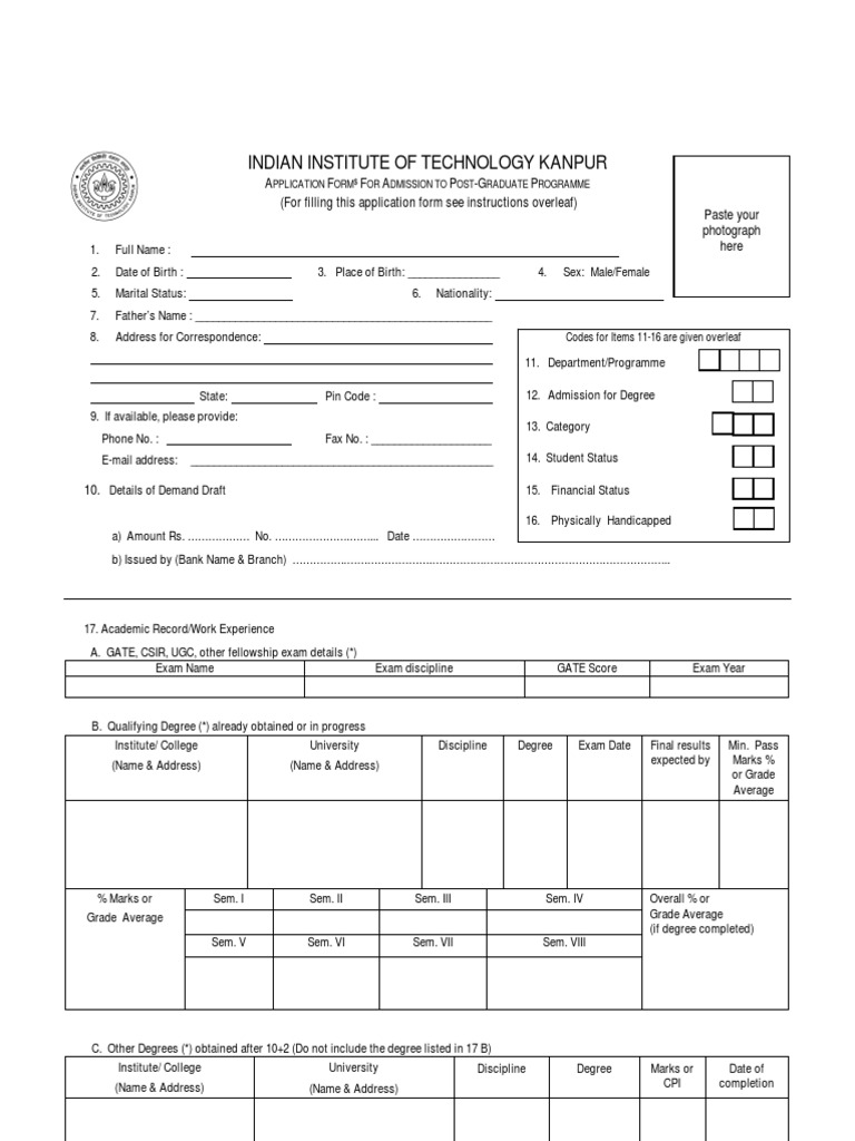 IIT Kanpur Post-Graduate Admission Form | PDF