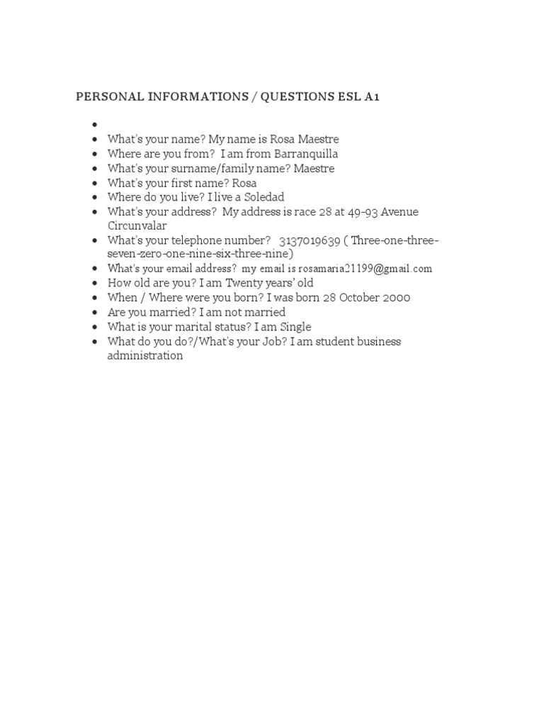 ESL A1 Personal Information Questions | PDF
