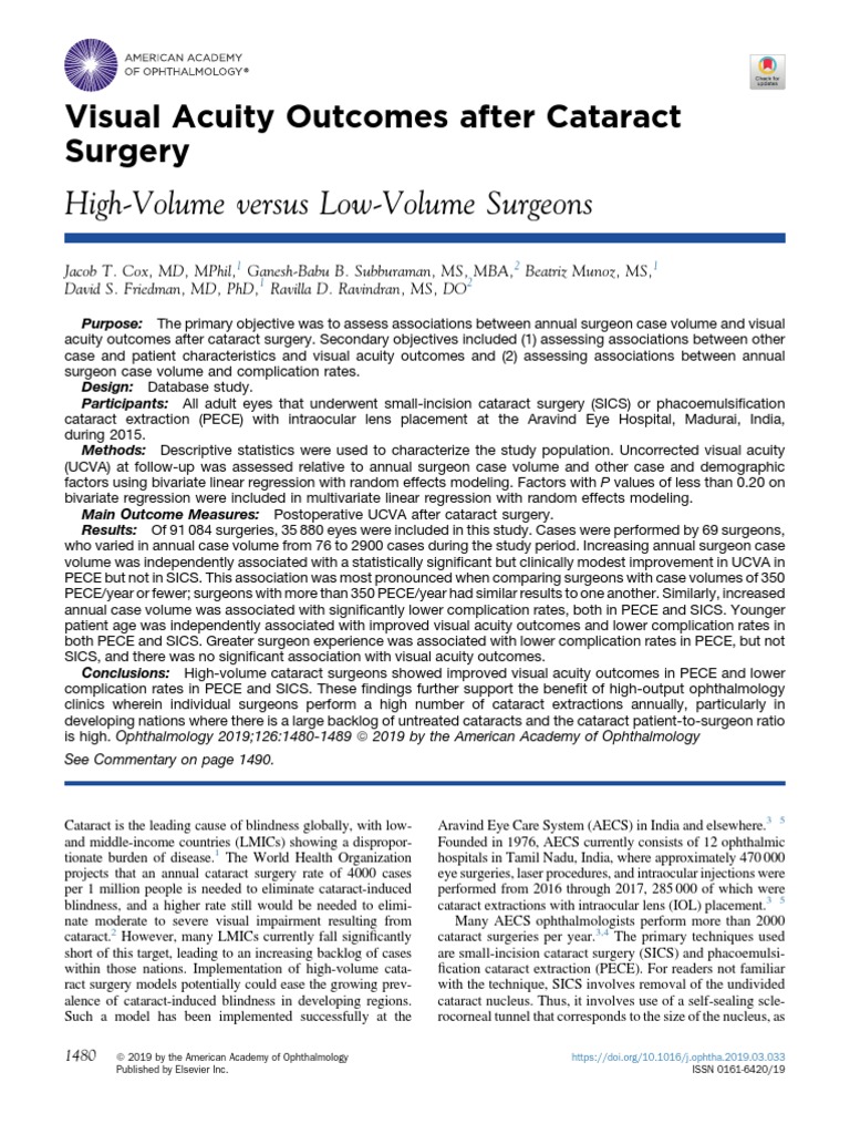 Visual Acuity Outcome After Cataract Surgery Download Free Pdf