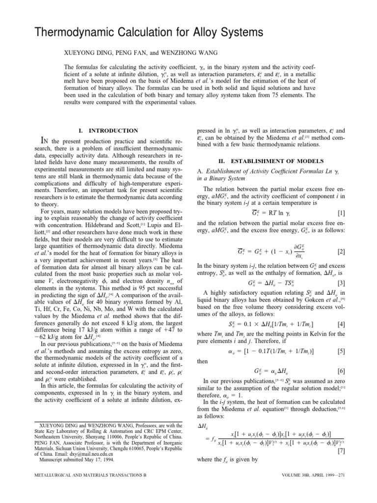 Thermodynamic Calculation For Alloy Systems: in A Binary System | PDF ...