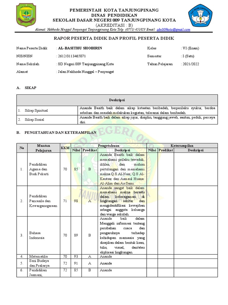 Rapor Mid Semester SD Negeri 009 | PDF