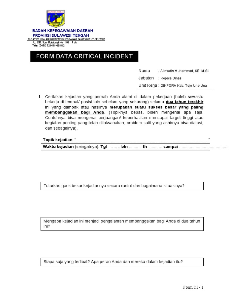 Contoh Form Data Critical Incident | PDF | Karier & Perkembangan | Bisnis