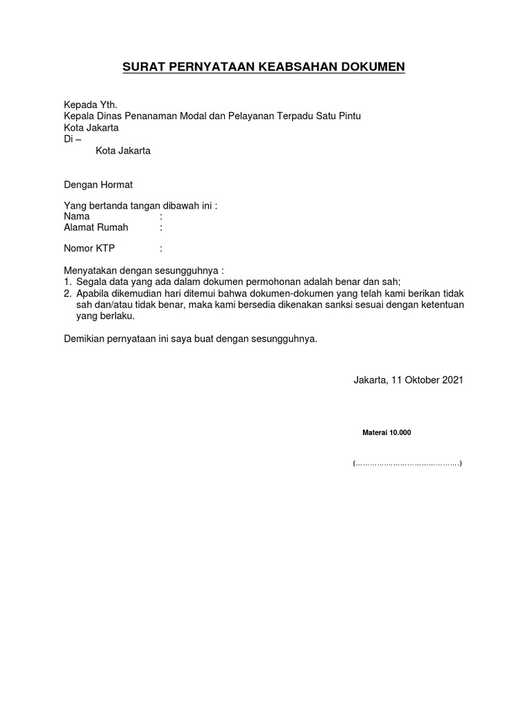 Surat Pernyataan Keabsahan Dokumen | PDF