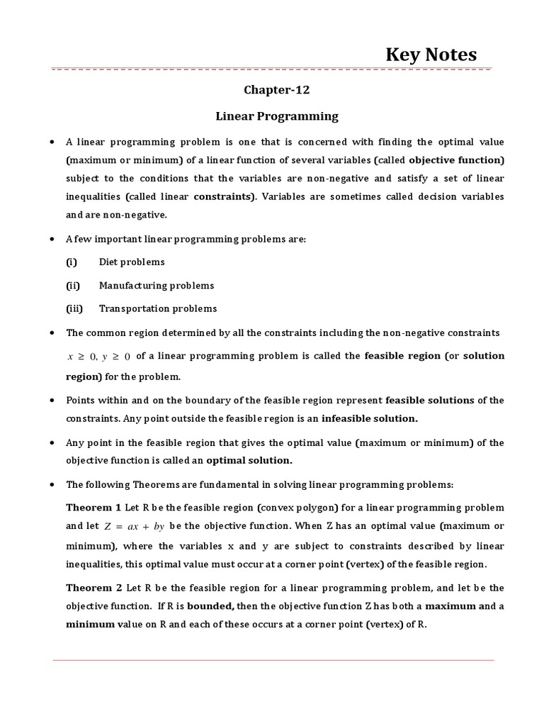 Key Notes: Chapter-12 Linear Programming | PDF | Linear Programming ...