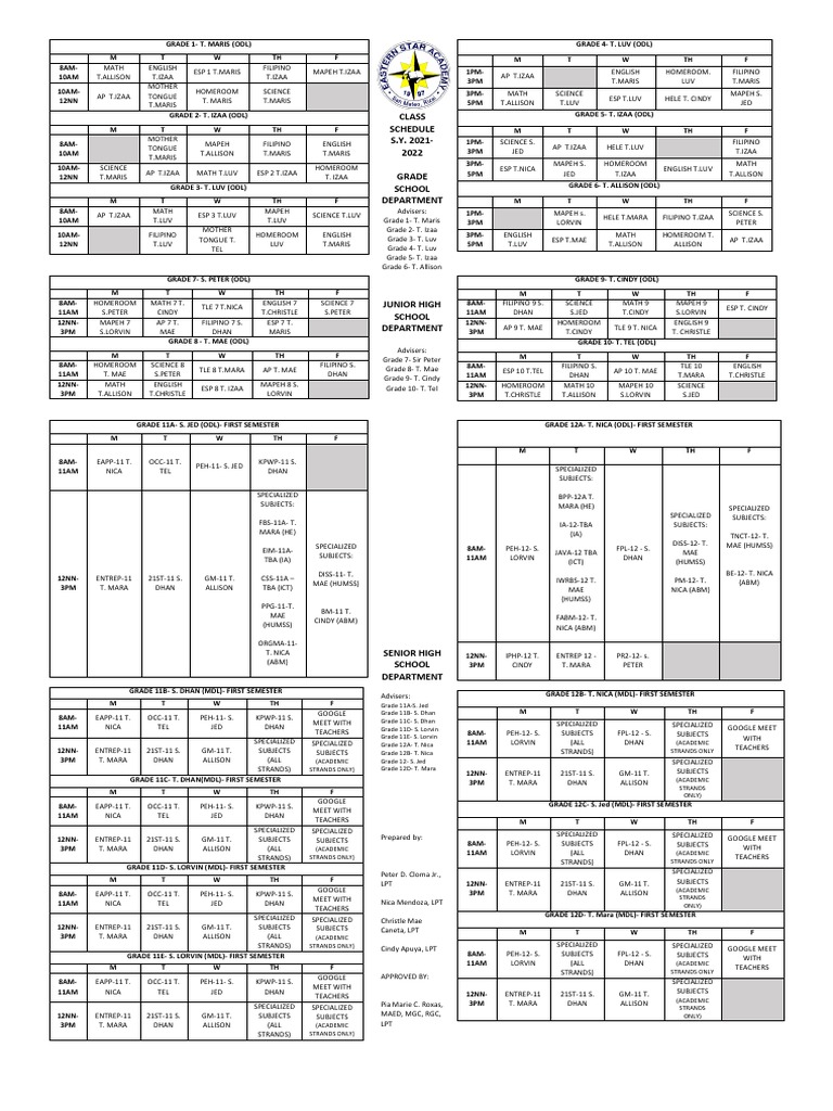 Class Schedule S.Y. 2021-2022 Grade School Department | PDF | Art