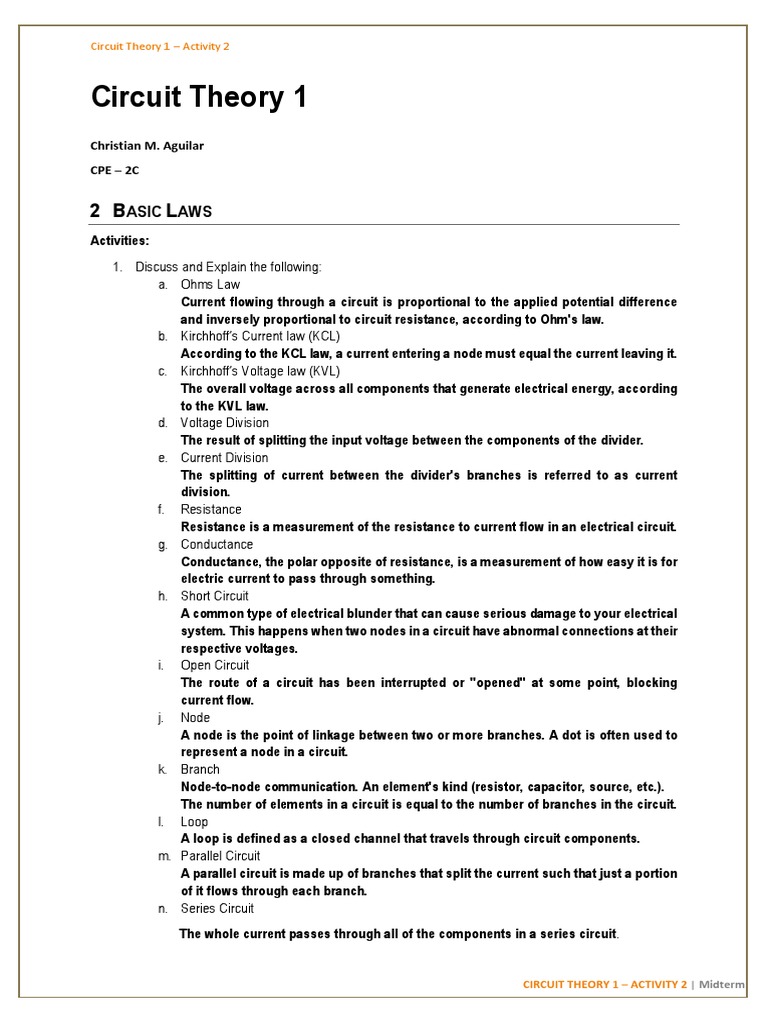 Circuit Theory 1 Midterm Activity | PDF | Electrical Network ...