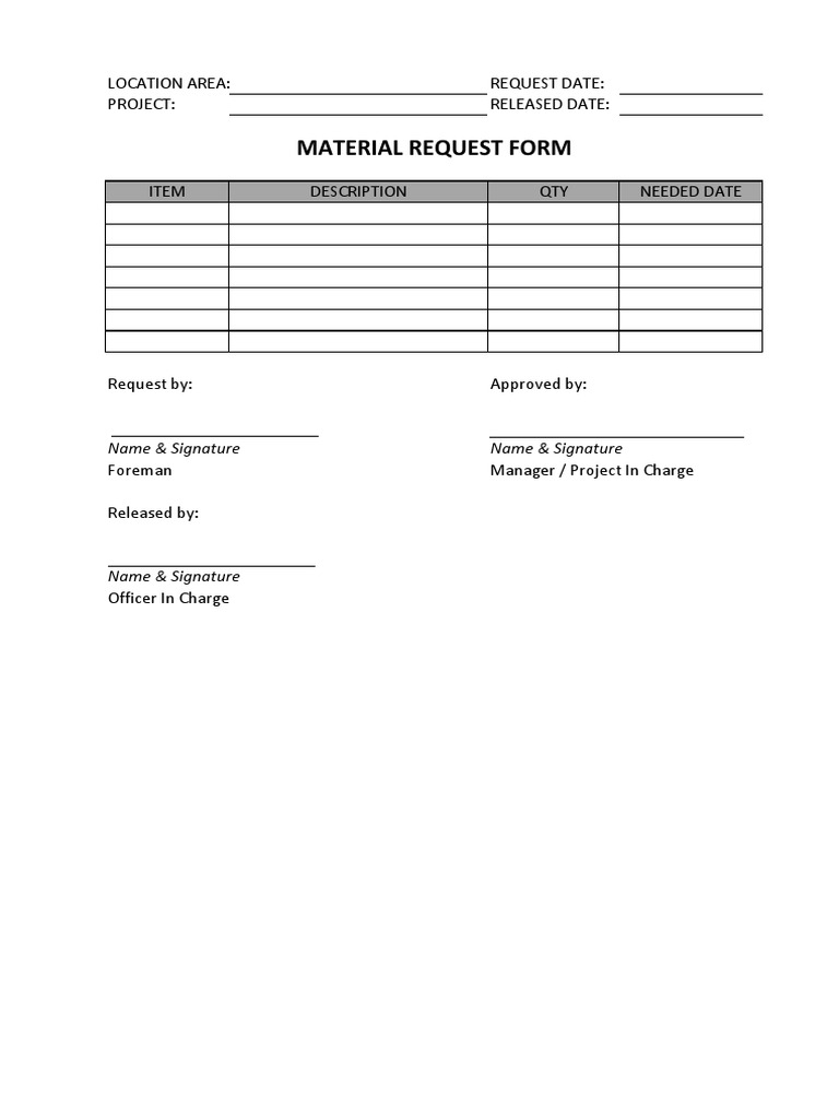 Material Request Form: Location Area: Request Date: Project: Released ...