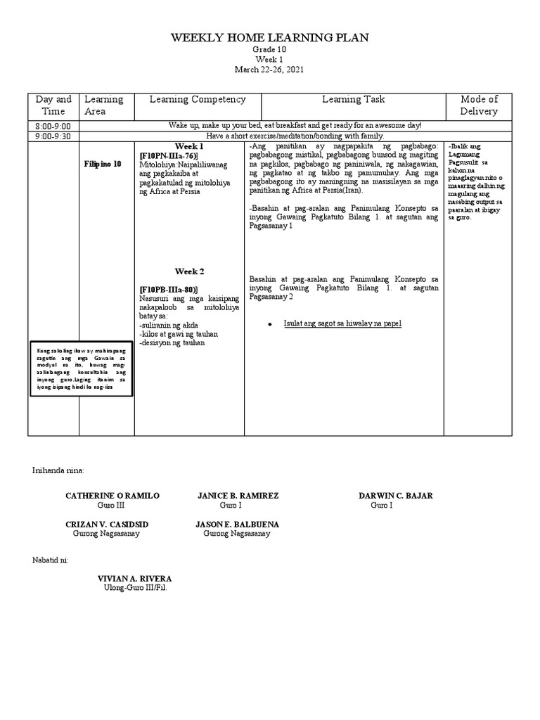 Weekly Home Learning Plan | PDF