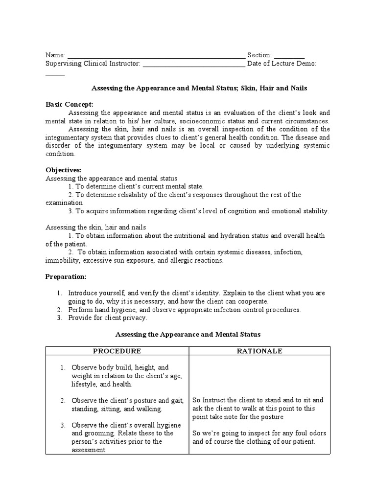 Assessing The Appearance and Mental Status Skin, Hair and Nails Basic