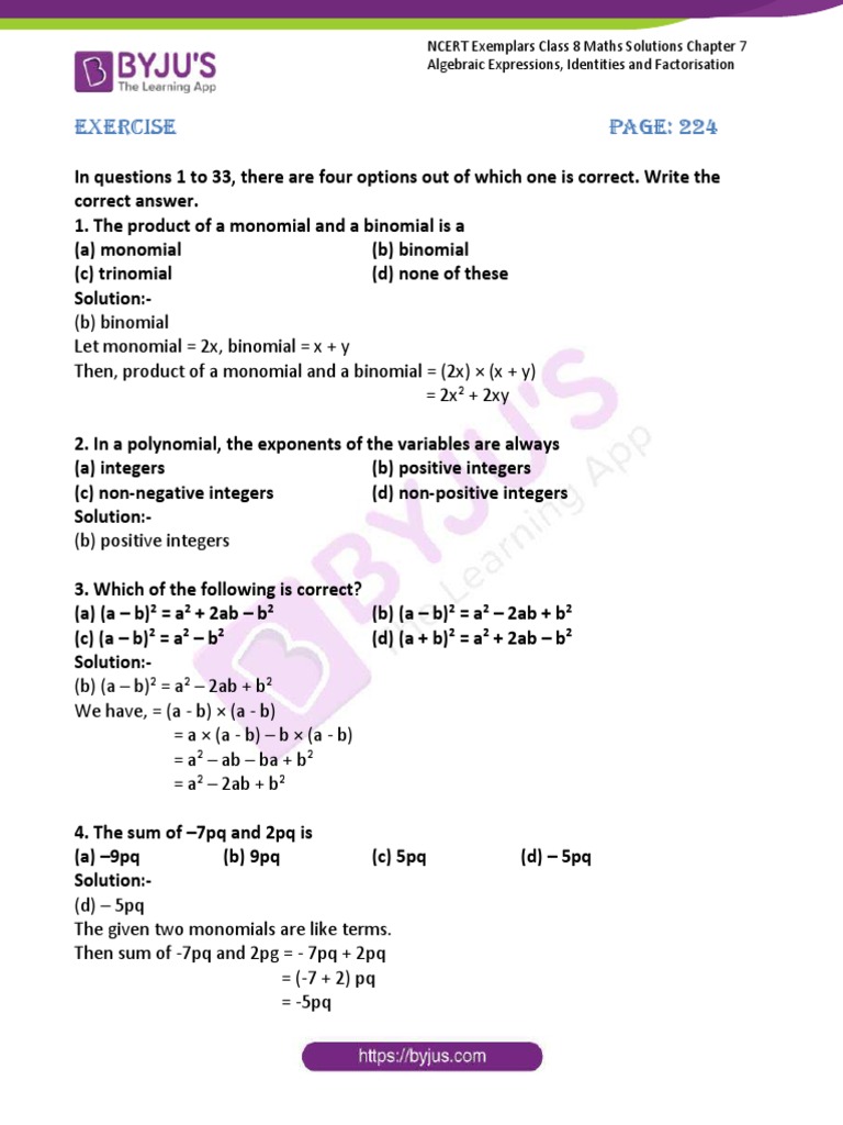 Class 8 Algebraic Expressions Solutions | PDF | Factorization | Length