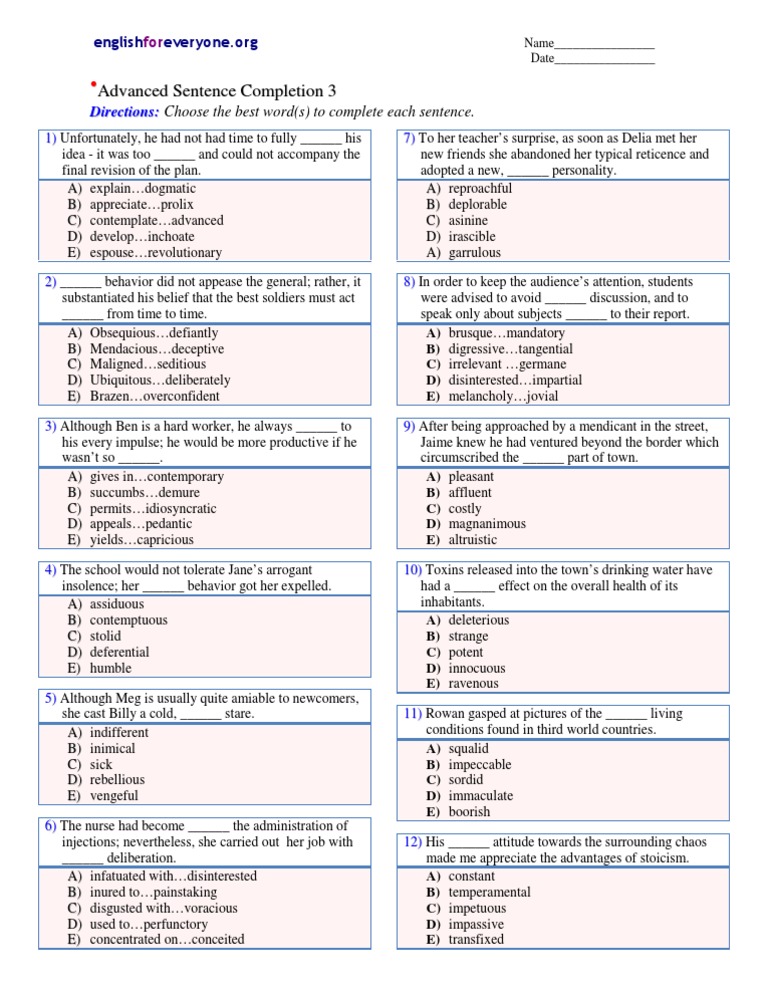 Advanced Sentence Completion - 3