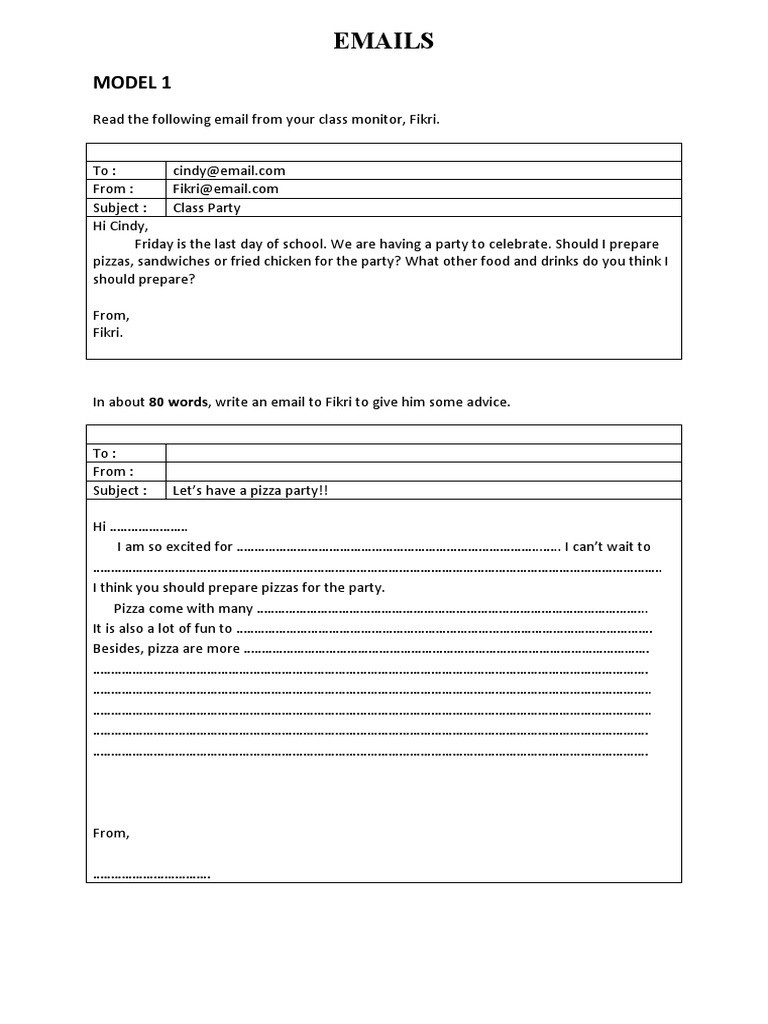 Class Party Email Exercise for Form 1 | PDF | Games & Activities | Self ...