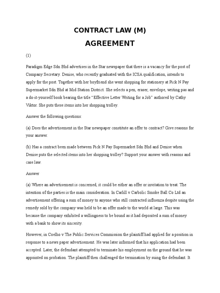 Law Of Contract Pdf Offer And Acceptance Common Law