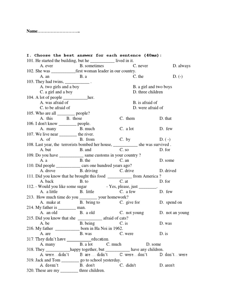 English Language Test Questions and Answers | PDF | Meal | Food And Drink