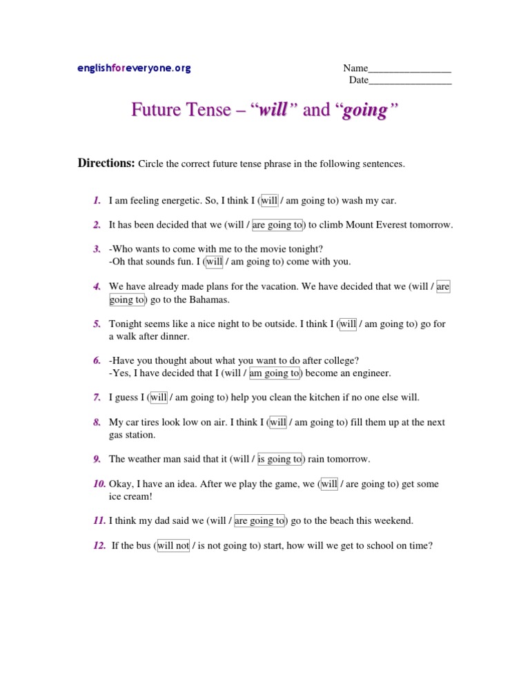 Future Tense Will And Going To Answers