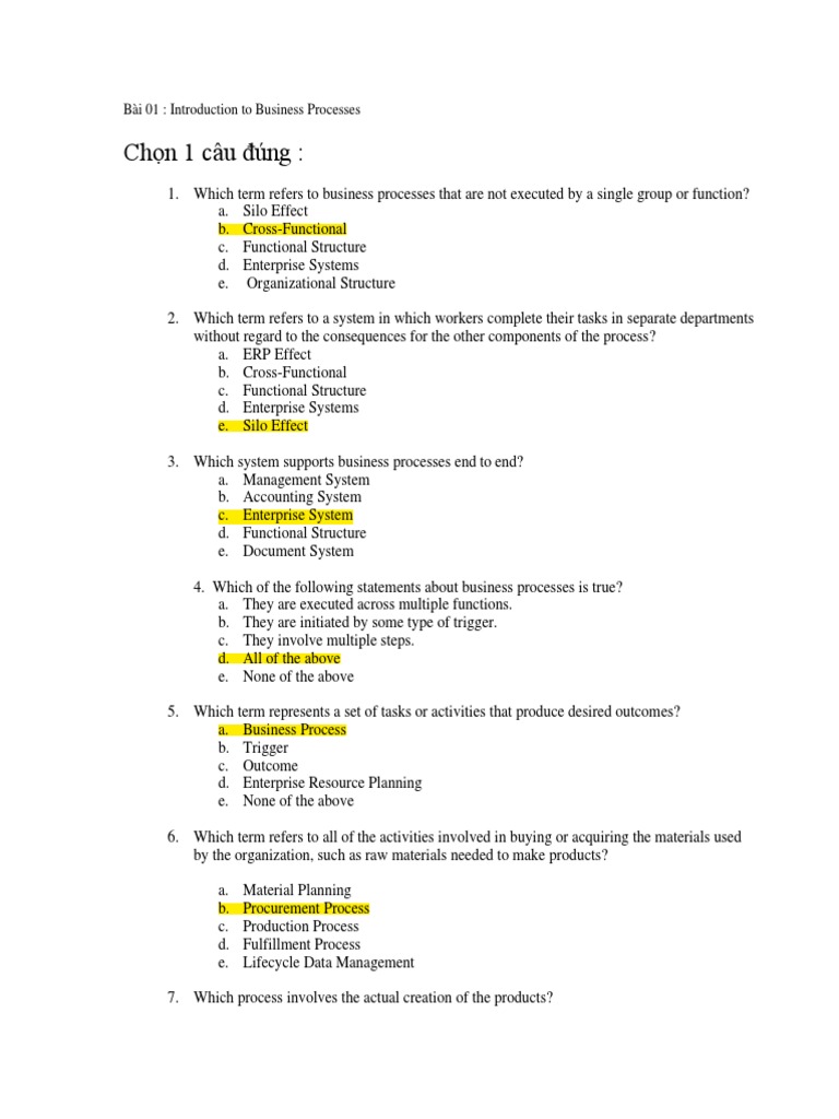 Introduction to Business Processes Quiz | PDF | Business Process ...
