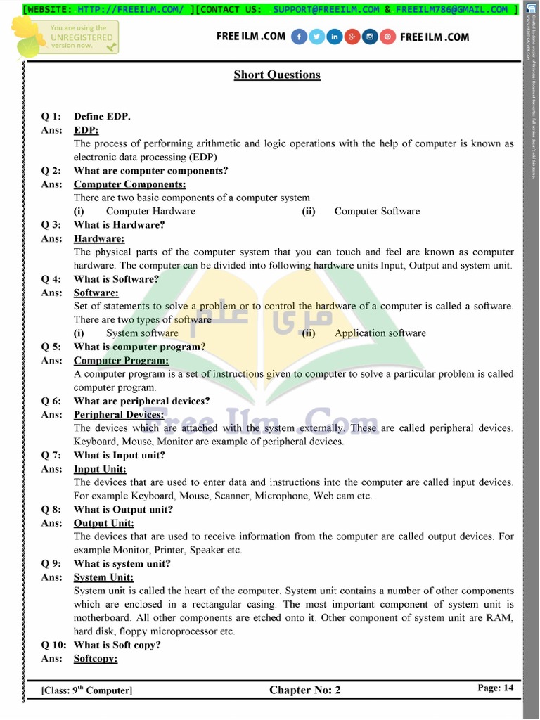 9th Computer Chap 2 Short Questions Pdf
