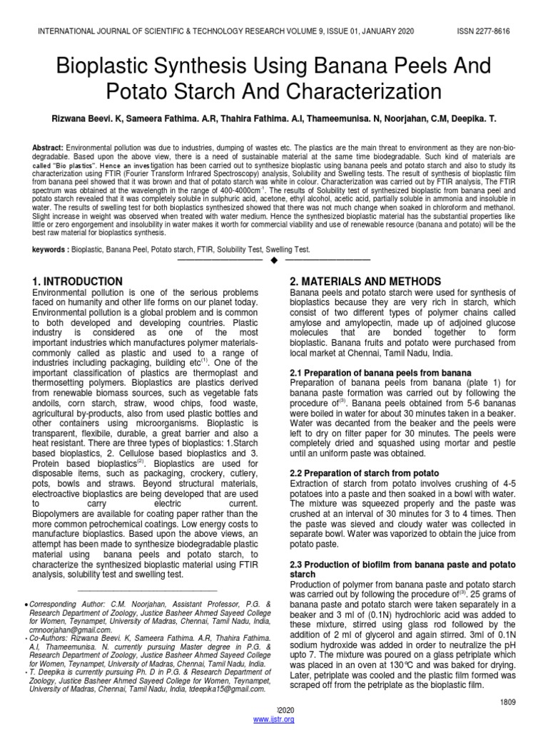 Bioplastic Synthesis Using Banana Peels and Potato Starch and ...