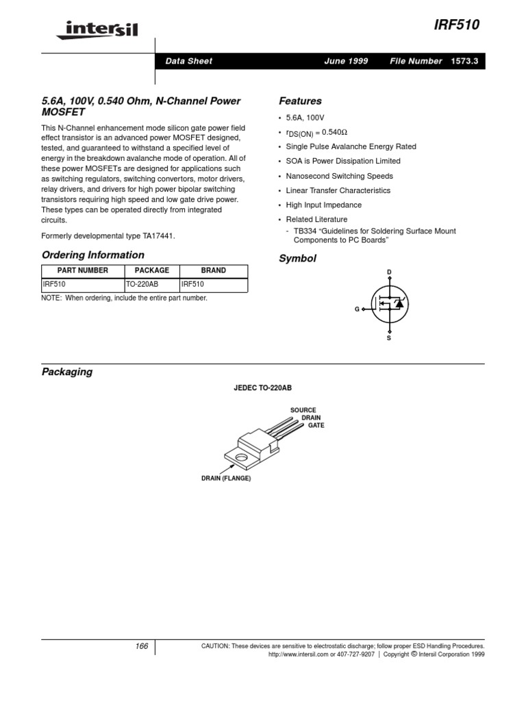 5.6A, 100V, 0.540 Ohm, N-Channel Power Mosfet Features: File Number