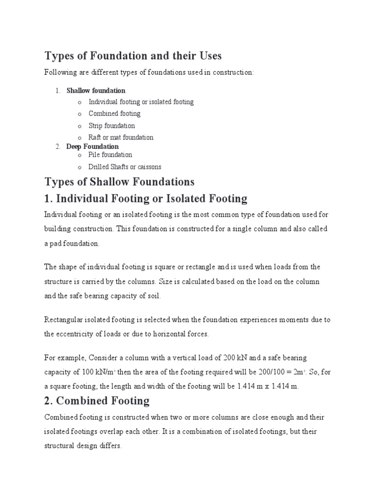 Types of Foundation and Their Uses PDF Foundation (Engineering