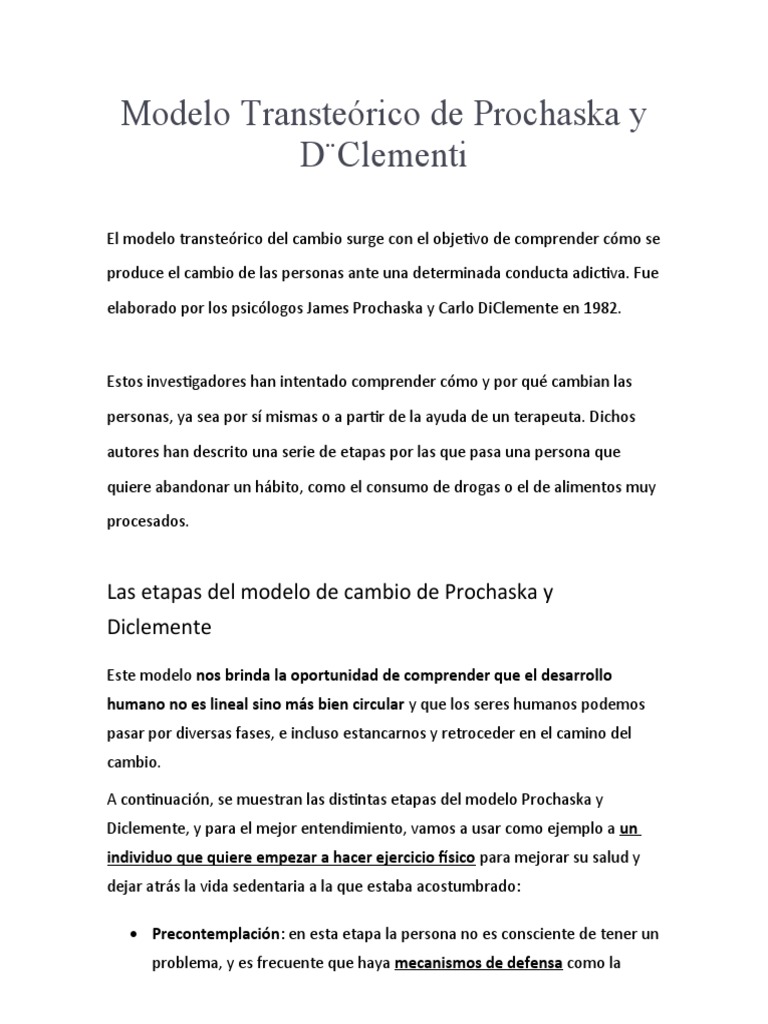 Etapas del Modelo Prochaska y DiClemente | PDF | Sicología | Conceptos ...