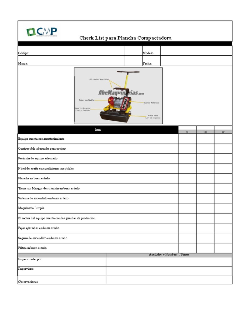 Check List Plancha Compactadora | PDF