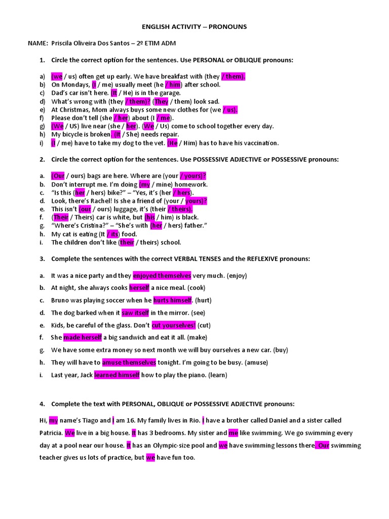 Pronouns Worksheet for Class 5 | PDF | Grammar | Linguistics