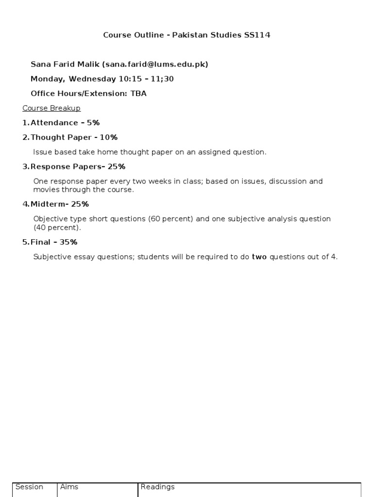 Pakistan Studies Course Outline SS114 | PDF | Pakistan | South Asia