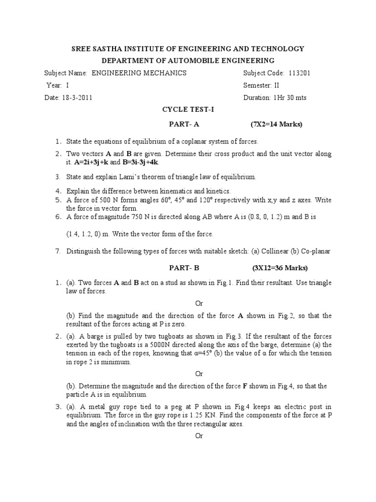 Engineering Mechanics Test - Automobile | PDF | Force | Euclidean Vector