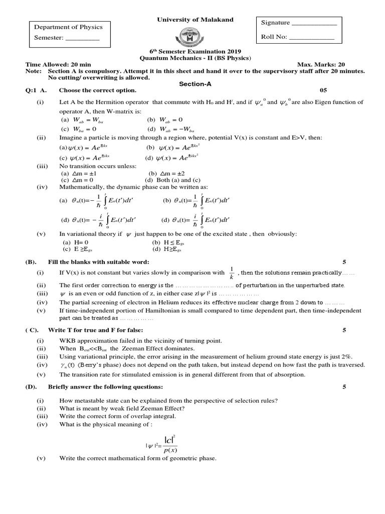 Quantum Mechanics Exam Questions on WKB Approximation, Perturbation