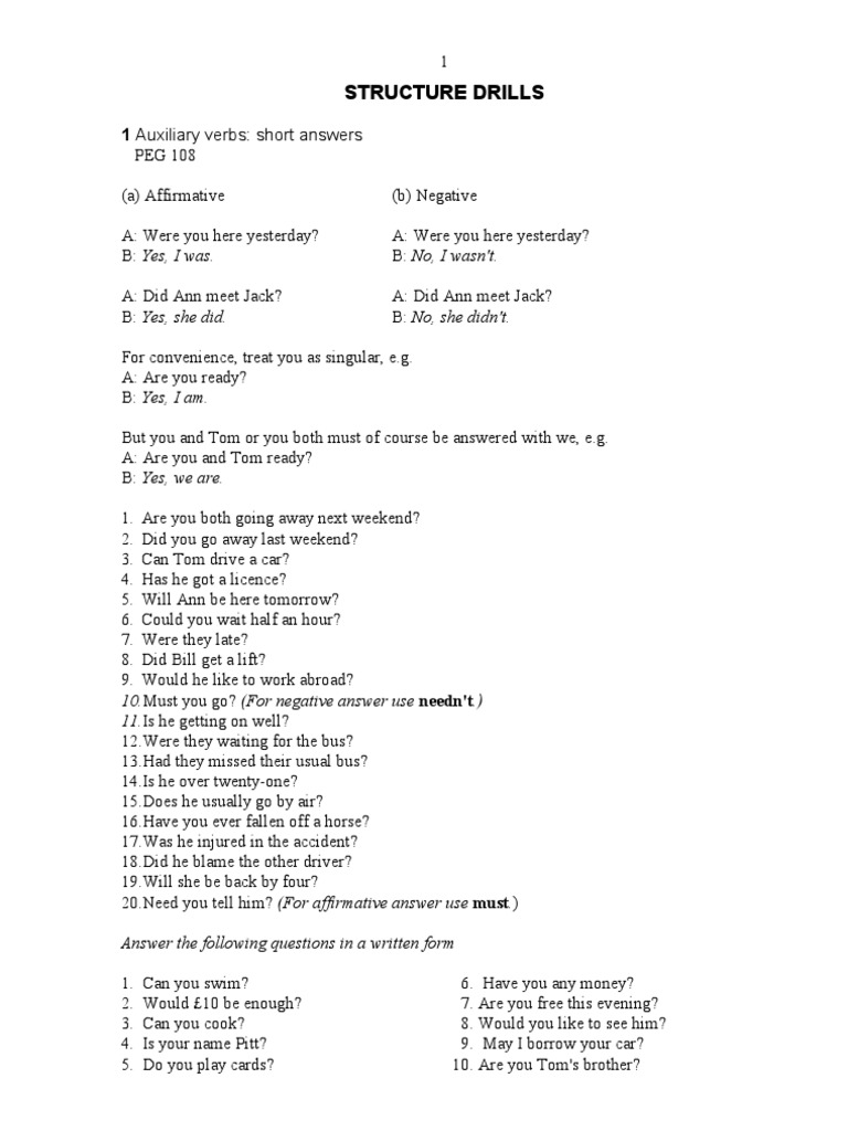 Structure_Drills_1 Question Subject (Grammar)